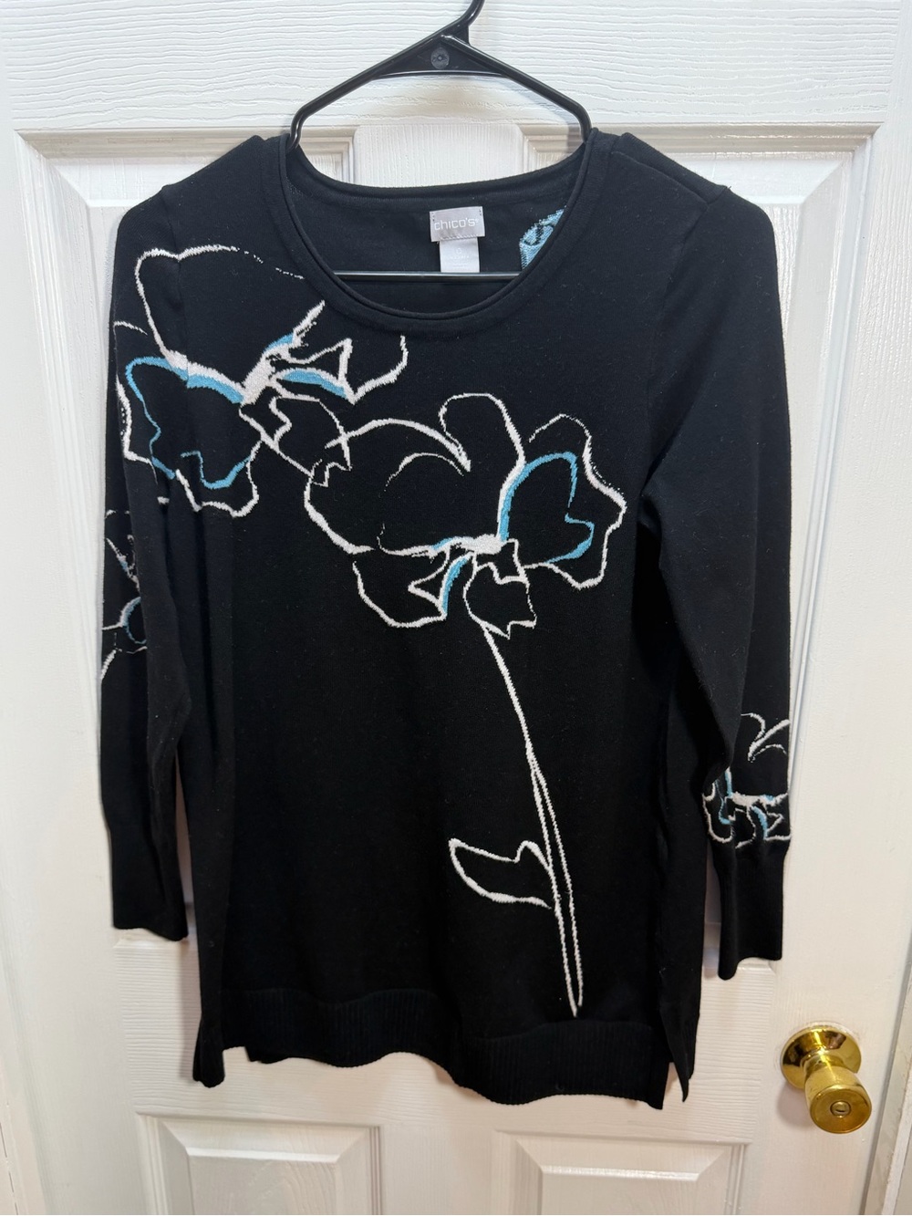 Chico's Black Long-Sleeve Floral Knit Top with Blue and White Accents
